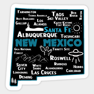 Cute map of Santa Fe New Mexico, Albuquerque Los Alamos, Taos,Roswell Las Cruces Deming Carlsbad Hobbs Silver City Sticker